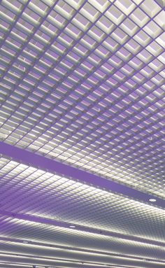 the ceiling is covered in purple and white lines