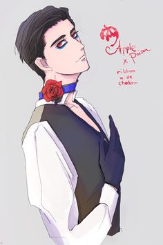 an anime character wearing a vest and holding a rose in his left hand, with the words apple on it