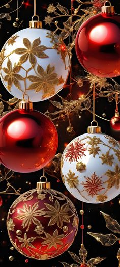 christmas ornaments hanging from the ceiling in front of a black background with gold and red decorations