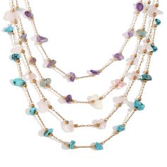 This quirky and playful bohemian style necklace features stunning gemstone beads. Collect and layer them for a unique and stylish look. Embrace your inner boho chic with this one-of-a-kind piece! DETAILS & SIZE Finish: 18K gold plate Material: Stainless Steel, Amethyst, Faux Turquoise, Faux Pearls, Quartz Measurements: Beads: approx. 6mm; Chain: 16" + 2" extension Lobster Claw clasp Waterproof, tarnish-resistant, and nickel free Shop Necklaces for more options to layer with this! Bohemian Multicolor Amazonite Necklace, Beaded Gold Necklace, Bohemian 14k Gold-filled Gemstone Beads Necklace, Multicolor Nature-inspired Gemstone Bead Necklaces, Agate Gemstone Multi-strand Beaded Necklaces, Bohemian Multi-strand Turquoise Gemstone Necklace, Waterproof Jewelry, Dainty Bracelets, Statement Bracelet