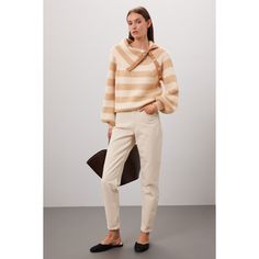 Off-white stripe knit (30% Wool, 25% Viscose, 20% Nylon, 25% Polyester). Sweater. Long sleeves. Turtleneck. Pull on. 20.5" from shoulder to hemline. Imported. Polyester Sweater, Rent The Runway, Derek Lam, Striped Sweater, Long Sleeves, Off White, Wool