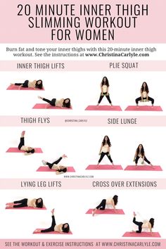 a woman doing yoga poses with the words 20 minute inner thigh workout for women on it