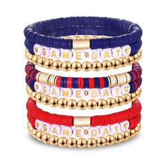 PRICES MAY VARY. Show off your team spirit with this game day bracelets,it features a set of 9 heishi beaded bracelets,adorned with 6mm red and blue polymer clay vinyl disc beads and with White & Gold Letter Beads spelling "GAME DAY",Wear these red blue team color bracelets with your favorite team game day outfits to complete your game day look in style The red blue game day bracelets design adds a pop of energy and flair to your game day ensemble. These colors are synonymous with team spirit an Clay Vinyl, Bracelet Preppy, Sports Fan Accessories, Fan Bracelet, Team Bracelets, Football Bracelet, Vinyl Disc, Blue Game, Preppy Jewelry