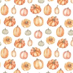 watercolor pumpkins are arranged in rows on a white background with green and orange accents