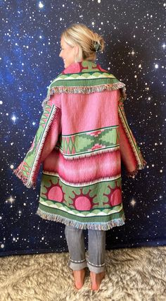 "Introducing my latest creation! Took a gorgeous tapestry throw and transformed into a healing heart chakra blanket coat. Pink & green- open your heart to the world! 💗 Perfect for breezy seaside mornings, late nights at festivals, campfires or lounging around the house. This statement jacket was made with all of my heart, for any human, anywhere, that may be attracted to its vibe! My intention is that the piece will amplify the divine nature of your inner being. ✨🌙 Chest is approximately 54\" Green Bohemian Outerwear For Festival, Green Heart Chakra, Inner Being, Heart Chakra Healing, Tapestry Blanket, Divine Nature, Blanket Coat, Open Your Heart, Statement Jacket