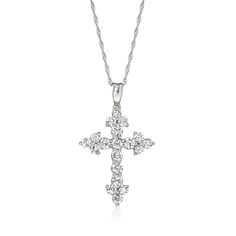 Ross-Simons - 1.00ct t. w. Diamond Cross Pendant Necklace in 14kt White Gold. 20". Inspired by the look of the ancient Saint Thomas Cross, this elegant cross pendant necklace is bedecked with 1.00 ct. t. w. round brilliant-cut diamonds and set in polished 14kt white gold. Suspends from a rope chain with a springring clasp. Perfect as an everyday statement of your faith, or as a special gift for a religious milestone. Diamond cross pendant necklace. Diamond birthstones are the perfect gift for Ap Classic Diamond Accents Cross Pendant Necklace, Classic Diamond White Cross Necklace, Classic Diamond White Crucifix Cross Necklace, Classic Cross Necklace With Diamond Accents, Classic Cross Pendant Necklace For Anniversary, Formal Fine Jewelry Crucifix Cross Necklace, Classic Diamond Cut Crucifix Necklaces, Classic Diamond Cut Crucifix Necklace, Formal Crucifix Necklace With Brilliant Cut