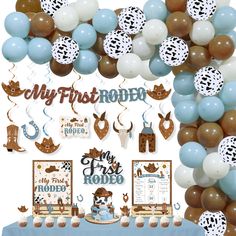 PRICES MAY VARY. Cowboy 1st Birthday Party Decor Set: The set combination of My First Rodeo Birthday banner, Cowboy theme garland, cake toppers, Cupcake toppers and retro blue brown balloons garland, will add much festive and fun to your boy first birthday party What You Will Get: 1 * My First Rodeo Banner, 8 pcs Cowboy theme hanging swirls, 2 pcs My first Rodeo Poster Sign and Cowboy 1st Birthday Milestone Poster Sign, 90pcs latex balloons+1 Set Balloons Tool Special Design & Easy Decoration: T Birthday Balloons Arch, Rodeo Decorations, Cowboy 1st Birthday Party, Balloons Arch, 1st Birthday Balloons, Swirl Cake, My First Rodeo, 1st Birthday Party Decorations, First Rodeo