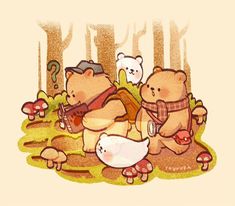 two teddy bears are sitting in the woods playing guitar and another bear is standing next to them