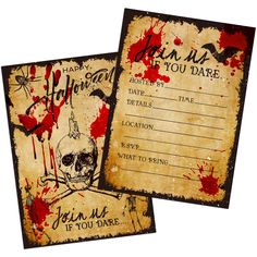 two halloween party cards with blood splattered on them