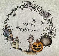 a watercolor drawing of halloween decorations with the words trick or treat happy halloween on it