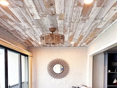 Ceiling made with Casper bulk reclaimed wood boards. White Wash Shiplap Ceiling, Distressed Wood Ceiling, White Washed Shiplap Ceiling, Gray Tongue And Groove Ceiling, White Wash Wood Paneling, White Washed Wood Walls, White Wash Pine Ceiling, White Washed Wood Ceiling, Updating Wood Paneling Walls