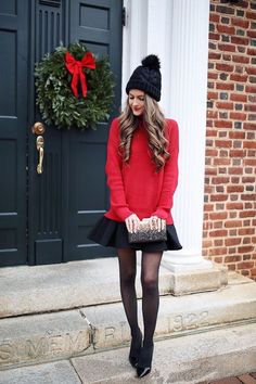 Peplum Skirt Outfits, Christmas Party Outfit Casual, Oversized Red Sweater, Christmas Fashion Outfits, Office Party Outfits, Southern Curls And Pearls, Skirt Sweater, Casual Party Outfit, Trendy Christmas Outfits