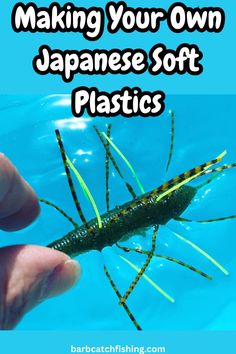 a hand holding a green and yellow shrimp with text overlay reading making your own japanese soft plastics