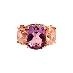 Elegant MINI 18kt Rose Gold Three Stone Ring with Rope Twist Border with split shank detail. The ring features a faceted cushion cut Amethyst Center stone and two Pale cushion cut Pink Topaz side stones stones surrounded by twisted gold rope. The center Amethyst stone measures ~3/4" tall (including the rope boarder) and ~1/2" wide (including the rope border). The two pale Amethyst side stones measures ~1/4" tall (including the rope border) 1/2"across (including the rope border). The ring measure Rope Border, Topaz Yellow, Rope Twist, Cushion Ring, Three Stone Ring, Pink Topaz, Split Shank, Rose Gold White, Pink Ring