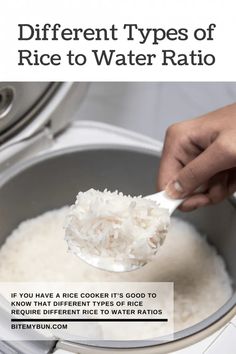 rice being spooned into a pot with the words different types of rice to water ratio