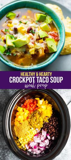 healthy and hearty crockpot salad recipe with avocado, black beans, red onion, cilantro