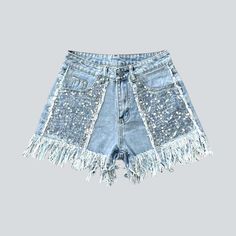 Casual Cutoff Shorts With Rhinestone Fringe, Spring Cutoff Jean Shorts With Rhinestone Fringe, Casual Jean Shorts With Rhinestone Fringe For Summer, Trendy Jean Shorts With Rhinestone Fringe, Casual Cutoff Bottoms With Rhinestone Fringe, High-waisted Denim Shorts With Rhinestone Fringe, High Waist Denim Shorts With Rhinestone Fringe, Summer Jean Shorts With Rhinestone Fringe, Rhinestone Fringe Denim Jean Shorts For Spring