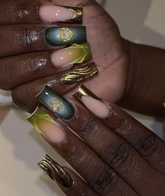 Emerald Green Nails Black Women, Jade Green Nails Acrylic Design, Ankh Nails, Ankh Nail Design, Green Croc Acrylic Nails, Earthy Girl Nails Acrylic, Green Acrylic Nails Black Women, Emerald Green Acrylic Nail Designs, Green Acrylic Nails