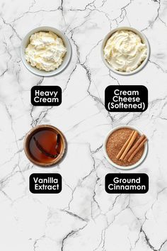 different types of creams in bowls on a marble counter top with the names below them