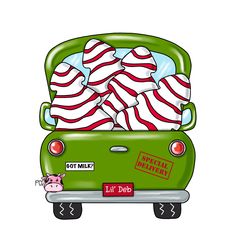 a green car with red and white stripes on it's hood filled with pillows