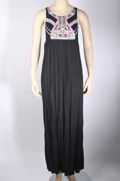 Great Pre-owned Condition Size: X-Small Color: Black Relaxed Fit Elastic Back Dropped Armhole Boho Bodice detail with Embroidered Arrows Detail Adjustable Spaghetti Straps 100% Viscose Hand Washing Recommended Casual Summer Maxi Dress With Embroidered Hem, Black Floral Embroidered Beach Maxi Dress, Casual Fitted Maxi Embroidered Dress, Casual Maxi Dress With Embroidered Hem, Casual Fitted Maxi Dress With Floral Embroidery, Black Sleeveless Maxi Dress With Floral Embroidery, Casual Floral Embroidered Maxi Dress For Festival, Casual Embroidered Dress For Festivals, Black Bohemian Embroidered Sleeveless Dress