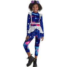 She communicates with stars and searches the mysteries of spaceit's Galaxy Girl! Your kid is out of this world in this costume featuring a galaxy-printed tunic matching leggings and a hair bun headband. The long-sleeve tunic is anything but terrestrial with its two-layer skirt hem and attached white girdle with shoulder frills. pbKids' Galaxy Girl Costume product details:-b-p ul liPrinted tunic ul liAttached girdle-li liAttached skirt hem-li -ul -li liPrinted leggings-li liHair bun headband-li l Galaxy Halloween Costume, Alien Fancy Dress, Bun Headband, Pastel Space, Galaxy Print Dress, Girl Halloween Costume, Space Buns, Fancy Dress Up, Scary Halloween Costumes