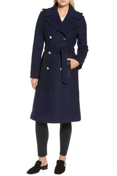 NAVY COLOR IS UP FOR BID!! Details Dense as felt with the warmth of wool, this longline trench trimmed in faux leather equips a classic style for cooler months. Fit: this style fits true to size. - Double-breasted button placket - Notch lapels - Epaulets - Long sleeves - Tie belt - On-seam pockets - Lined - Approx. 42" length - Imported Fiber Content Shell: 57% polyester, 43% wool Faux leather: 100% polyurethane Please Note: this item was a store handled and tried.  If you are looking for a perf Blue Peacoat Outfit, Navy Blue Peacoat, Trent Coat, Peacoat Women, Blue Trench Coat, Work Coat, Middleton Style, Navy Coat, Longline Coat