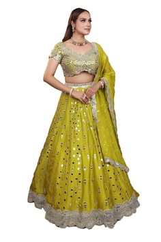 Lime green attached can-can lehenga featuring mirror hand work with mirror hand work lace hem. Paired with a zari, mirror hand embroidered scallop neck and waist padded blouse. Comes with a scallop hem, mirror embroidered dupatta. - Aza Fashions V Neck Lehenga Blouse, Mirror Hand Work, V Neck Lehenga, Lehenga Pattern, Cutout Blouse, Padded Blouse, Lehenga Blouse, Scallop Hem, Embroidered Dupatta