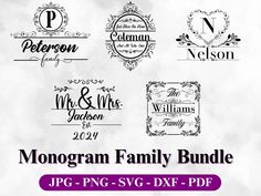 the monogram family bundle is shown in black and white, with different font styles