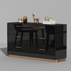 a black and gold dresser with two stools next to it on a grey background