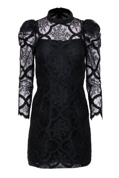 Current Boutique-Sandro - Black Floral Lace & Embroidered Puff Sleeve Sheath Dress Sz 4 Luxury Black Dress With Lace Collar, Luxury Black Lace Mini Dress, Luxury Contrast Lace Daywear Dress, Luxury Lace Dress With Cutwork Hem, Luxury Romantic Mini Dress With Lace Sleeves, Luxury Lace Dress With Lace Top, Luxury Scalloped Lace Dress For Night Out, Luxury Lace Trim Short Sleeve Dresses, Luxury Lace Dress With Lace Trim For Night Out