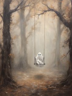 An oil painting of a ghost on a swing. Painting Horror, Art Ghost, Ghostly Wallpaper, Dark Creepy Art, Painting Ideas Dark Academia, Painting Ideas Ghost, Spooky Art Paintings, Ghosts Painting, Little Ghost Painting