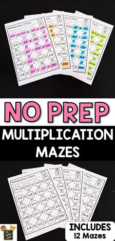 no prep multiplication mazes are shown with the words, numbers and letters