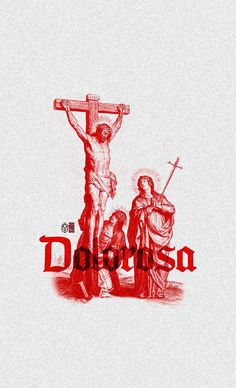 the crucifix is depicted in red ink on a white background with an image of jesus and two men