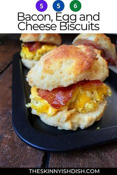 bacon egg and cheese biscuits on a black plate with the title text overlay