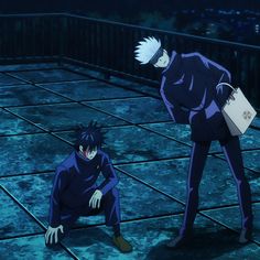 two anime characters are standing on the ground in front of each other, one is holding a bag