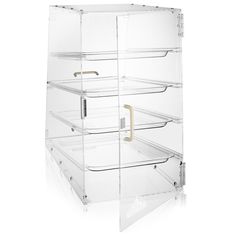 a clear plastic storage unit with three drawers and two handles on the bottom half of it