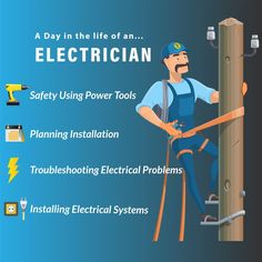 an electrician working on a power pole with the words,'a day in the life of an electricalian safety using power tools planning installation troubleshooting electrical problems