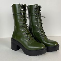 Dundas X Revolve Size 7 Green Camila Combat Boot New Without Box, But Unfortunately Missing Chain. Still A Very Beautifully Made Boot Green Outdoor Boots With Lug Sole, Green Winter Boots With Lug Sole, Winter Green Boots With Lug Sole, Green Lace-up Boots With Round Toe For Outdoor, High-top Green Combat Boots For Fall, Green High-top Combat Boots For Fall, Green Leather Combat Boots For Outdoor, Green High Ankle Boots, Medium Width, Green High Ankle Boots Medium Width