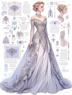 Off Shoulder Fantasy Dress, Queen Dresses Drawing, Silver Fantasy Gown, Silver Fantasy Dress, Fantasy Dress Drawing Outfit Ideas, Fantasy Gown Art, Fashion Sketches Dresses Gowns, Fantasy Dress Design Art, Ethereal Ball Gown