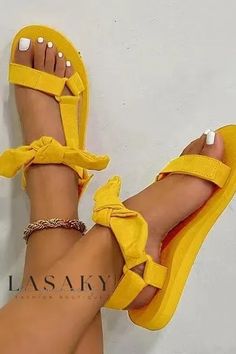 Lasaky - Chic Womens Flat Sandals Featuring Convenient Magic Tape Closure and Elegant Bow Accents Colorful Sandals, Bow Sandals, Pu Heels, Yellow Shoes, Bow Shoes, Casual Lace, Womens Sandals Flat, Casual Flats, Beach Sandals