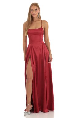 Caitlin Slit Maxi Dress in Red | LUCY IN THE SKY Lucy In The Sky Dress, Red Ball Gown, Red Slip Dress, Oh Polly Dresses, Winter Formal Dresses, Lucy In The Sky, Backless Prom Dresses, Red Prom, Silky Dress