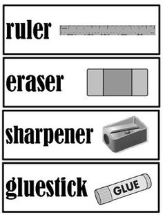 four different types of labels with the words rules eraser sharpener glue and glue