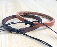 These simple stunning Adjustable handmade leather bracelet makes the perfect gift for any person in your life. These are lovely bracelets made of genuine leather. They are very comfortable & easy to wear. The bracelets are super secure and will last for many years with special care. They can be engraved on the outside, inside or both sides with your own message. Details :  * 5mm Genuine Leather Band * Black Cotton Cord * To maintain the quality and the beauty of your leather piece, we recommend to avoid getting it wet. Engraving Information :  * I can engrave up to 60 characters including spaces on each side of the leather band. * This bracelet is 100% completely customizable with anything you might have in mind... dates, special messages, bible verses, coordinates, roman numerals, etc ... Brown Leather Braided Bracelet As Gift, Brown Leather Strap Braided Bracelet Gift, Adjustable Engraved Bracelets For Birthday Gift, Engraved Adjustable Bracelets For Birthday Gift, Brown Waxed Cord Bracelets For Gift, Brown Waxed Cord Bracelet For Gift, Adjustable Brown Bracelet Perfect As A Gift, Adjustable Brown Bracelet As Gift, Brown Bracelets As A Gift