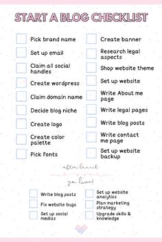 the start a blog checklist is shown in pink and blue with white dots on it