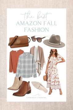 Images of a fall fashion from Amazon, including a brown handbag, leopard print sunglasses, rust sweater, plaid blue and white flannel, tan and cream kimono sweater, tan ankle boots, brown ankle boots, cream flat mules, and a woman in a white floral dress Amazon Women’s Sweaters, Beach Trip Outfits, Coastal Fashion, Getaway Outfit, Coastal Lifestyle, Trip Outfits, Best Amazon, Scalloped Hem, Cut Off Shorts