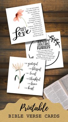 three cards with bible verses on them and the words, god's love