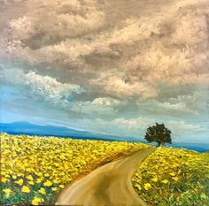 a painting of a dirt road in the middle of a field full of yellow flowers