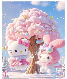 two hello kitty dolls hanging from a tree in the snow with other stuffed animals around them