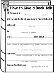 a book talk sheet with the title how to give a book talk